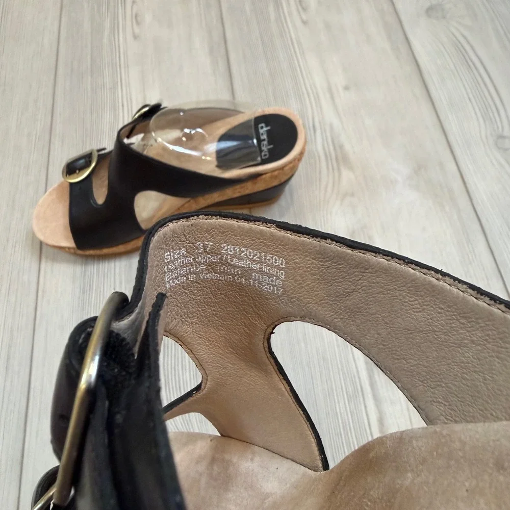 NEW Dansko Carla Black Full Grain Leather Cork Wedge Slide Sandals Size 37 7